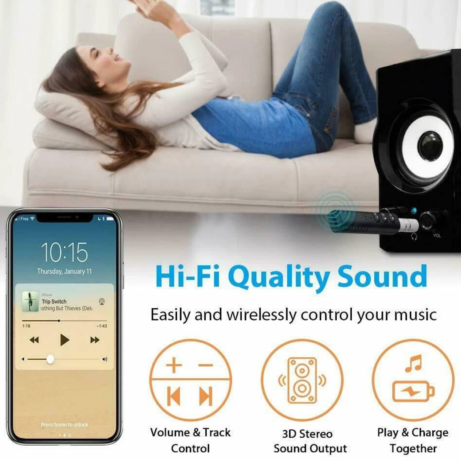 Sure, here is the corrected and grouped text from the image:

---

**Hi-Fi Quality Sound**

Easily and wirelessly control your music

- **Volume & Track Control**
- **3D Stereo Sound Output**
- **Play & Charge Together**

---

**Free**

**10:15**

**Thursday, January 11**

**Trip Switch**

**Nothing But Thieves (Del.)**

**1:19**

**-1:43**

**Press home to unlock**

---