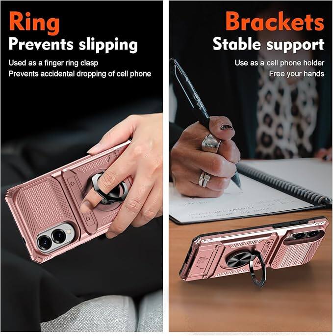 **Ring**  
Prevents slipping  
Used as a finger ring clasp  
Prevents accidental dropping of cell phone  

**Brackets**  
Stable support  
Use as a cell phone holder  
Free your hands