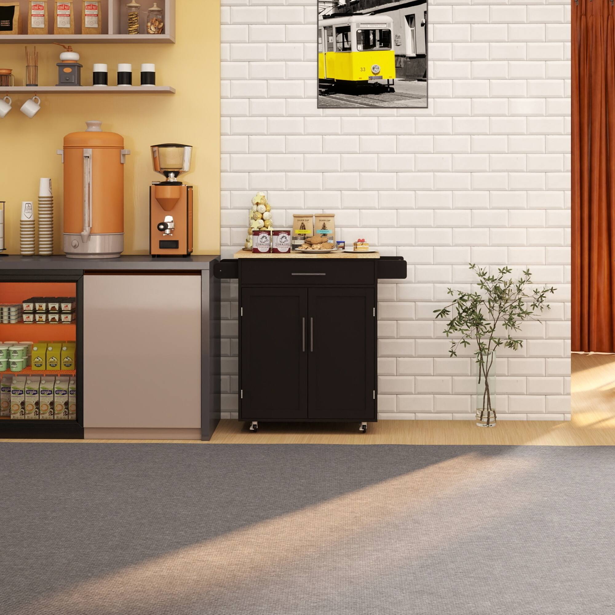 Alt View 2. ELEMENT ACE - Versatile Kitchen Island Cart with Adjustable Shelves, Drawer, Doors, Towel Rack, and Seasoning Rack - Black.