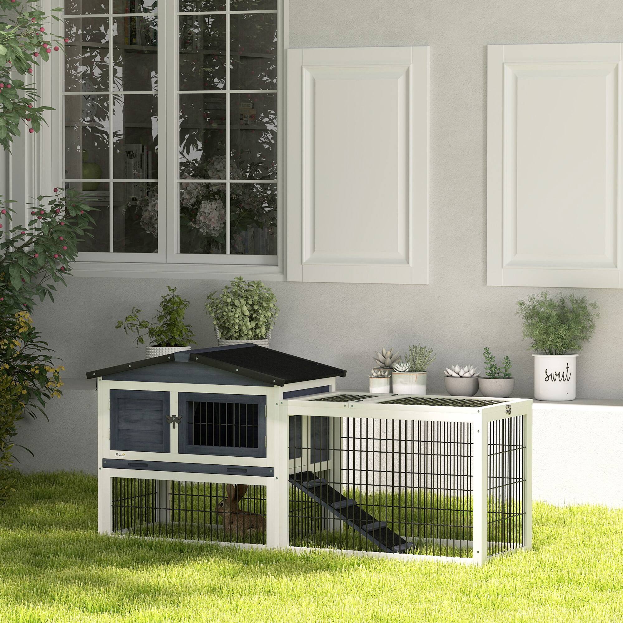 Angle. Pawhut - 59" Wooden 2 Levels Outdoor Rabbit Hutch with Openable Top, Run Weatherproof Roof, Removable Tray, Ramp.