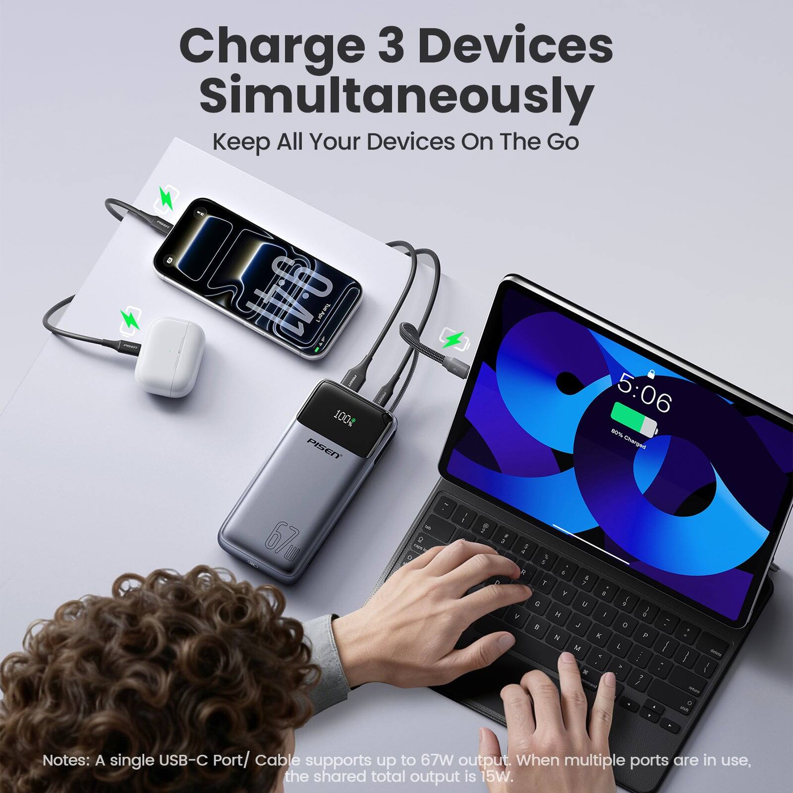 PISEN 20000mAh 67W Fast Charging Power Bank with Built In USB C Cable ...