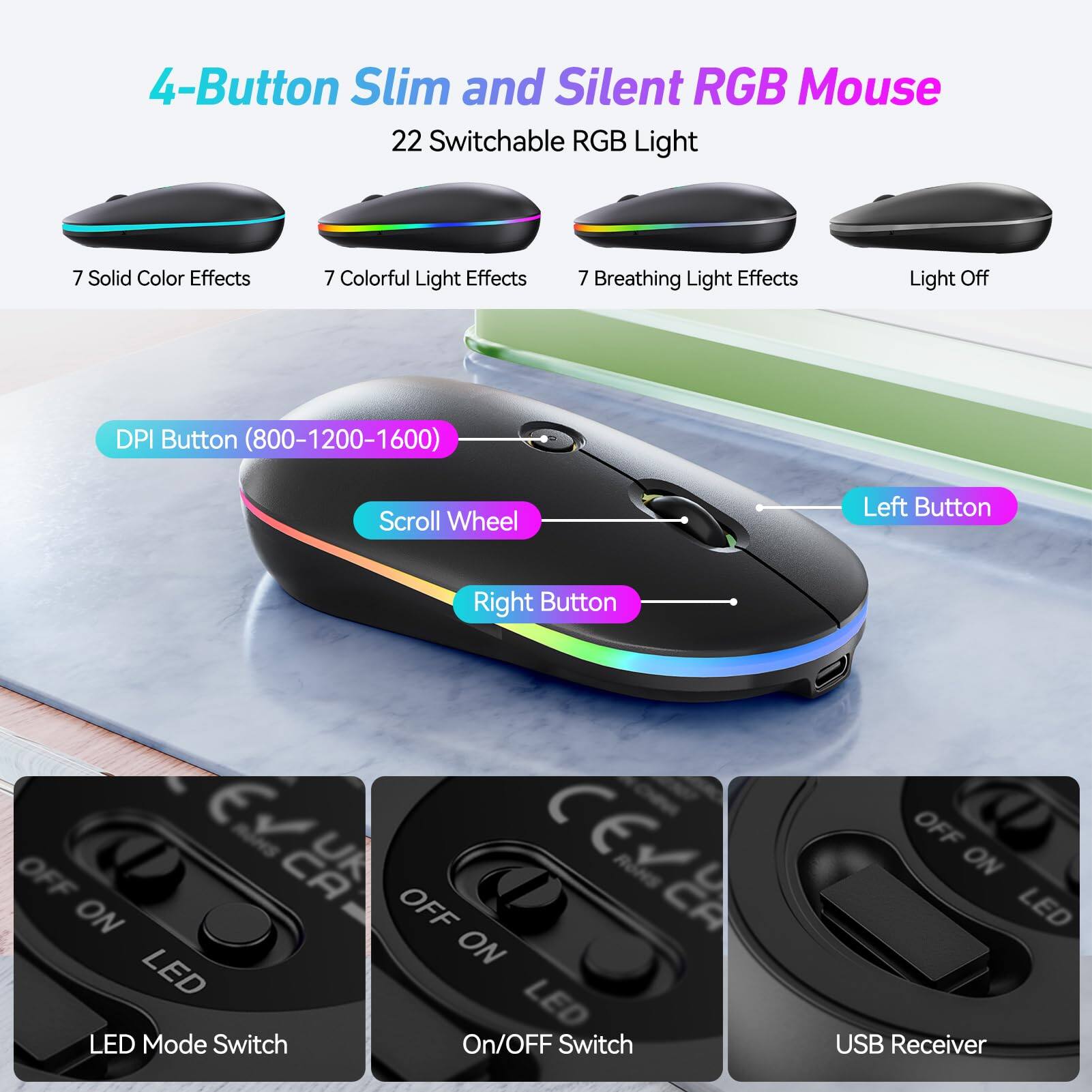 4-Button Slim and Silent RGB Mouse

22 Switchable RGB Light

7 Solid Color Effects  
7 Colorful Light Effects  
7 Breathing Light Effects  
Light Off

DPI Button (800-1200-1600)  
Scroll Wheel  
Left Button  
Right Button

LED Mode Switch  
On/Off Switch  
USB Receiver