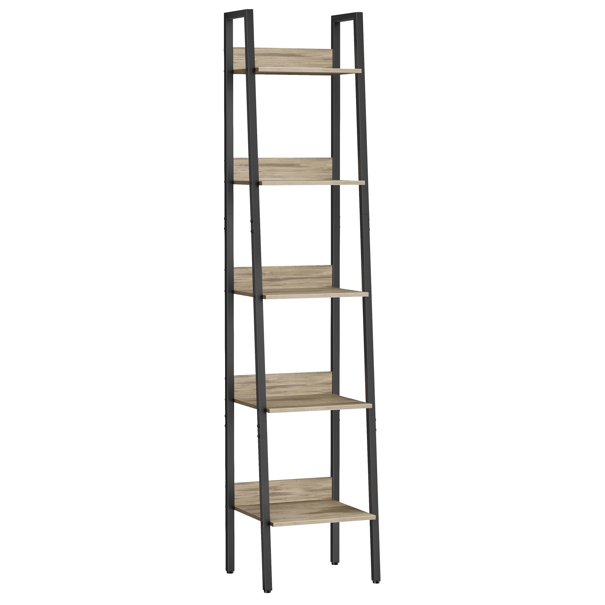 Songmics Home - Ladder Shelf, 5-Tier Narrow Shelf, Bookshelf for Home Office, Living Room, Bedroom, Kitchen, Industrial - Camel Brown and Ink Black