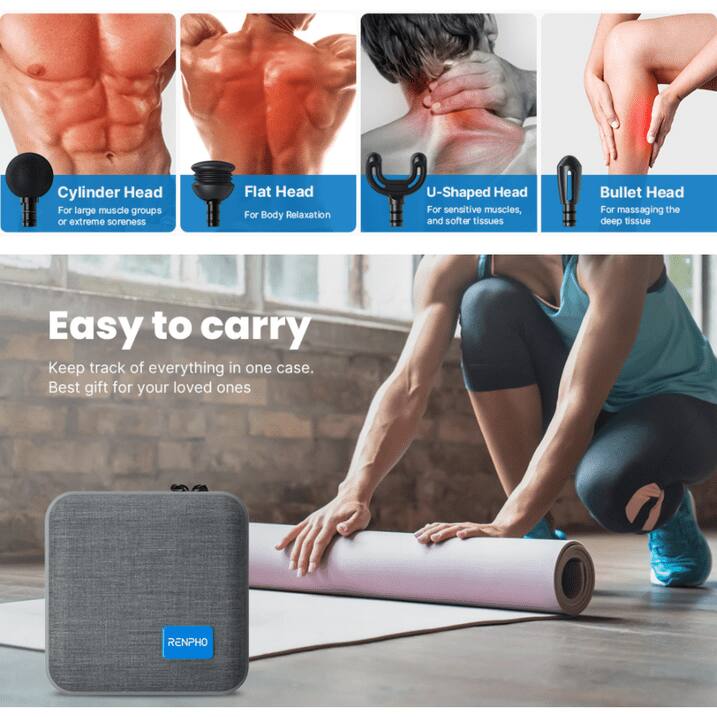 Cylinder Head  
For large muscle groups or extreme soreness  

Flat Head  
For Body Relaxation  

U-Shaped Head  
For sensitive muscles, and softer tissues  

Bullet Head  
For massaging the deep tissue  

Easy to carry  

Keep track of everything in one case.  
Best gift for your loved ones  

RENPHO