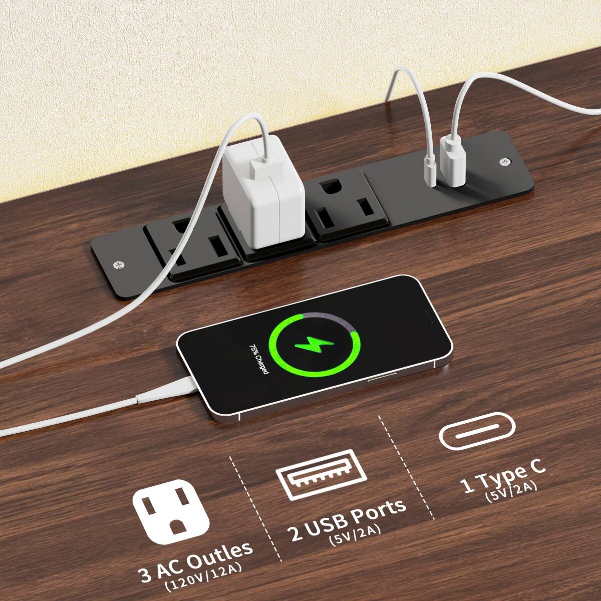 75% Charged

3 AC Outlets (120V/12A)

2 USB Ports (5V/2A)

1 Type C (5V/2A)