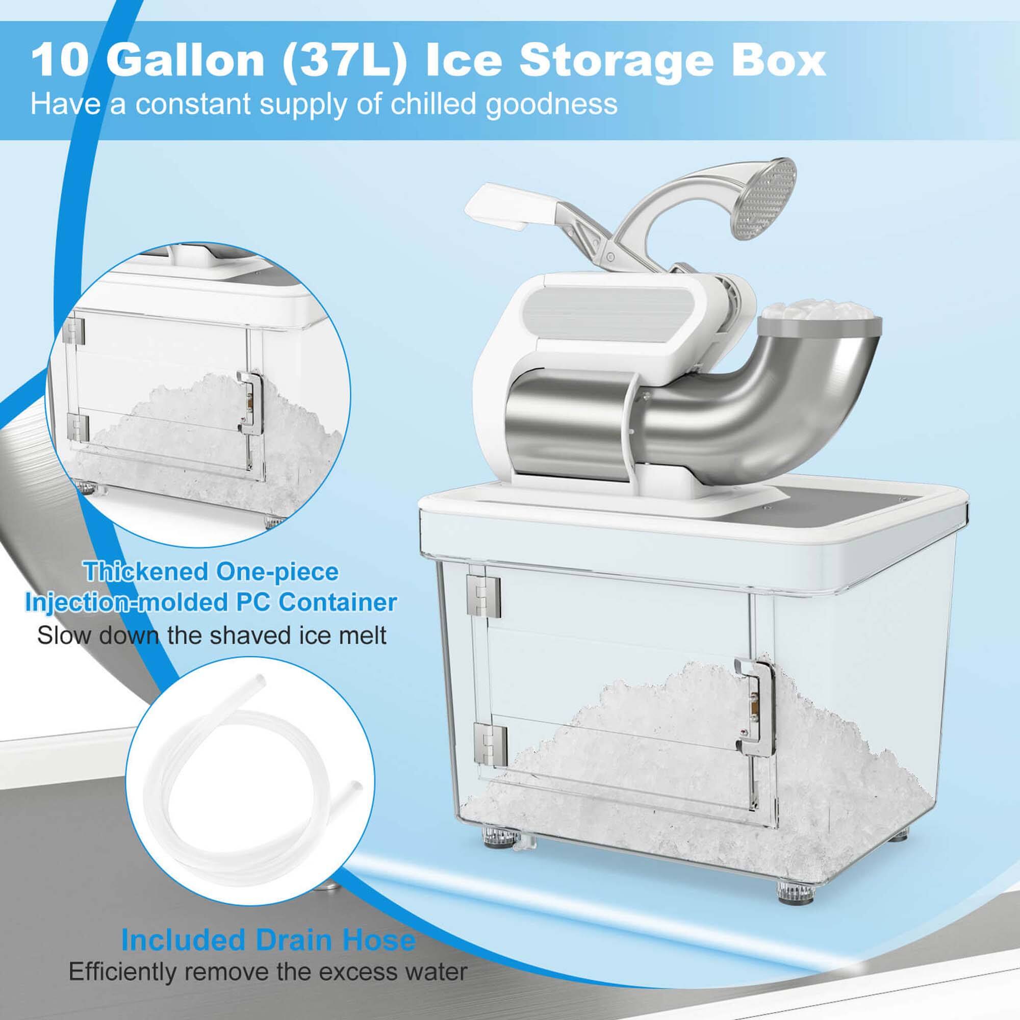 The image features a 10 gallon (37L) ice storage box, which is designed to provide a constant supply of chilled goodness. The container is made of thickened one-piece injection-molded PC material, ensuring durability and long-lasting performance. The container also includes a drain hose to efficiently remove excess water, making it a convenient and practical solution for storing and serving ice.