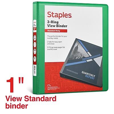 Staples  
3-Ring View Binder  
Standard Duty  

The perfect binder for your everyday needs  
2 tabs for easy open and close  
D-Rings keep pages fat and fits more  

1" View Standard binder  

QUARTERLY REPORT  

View Standard binder