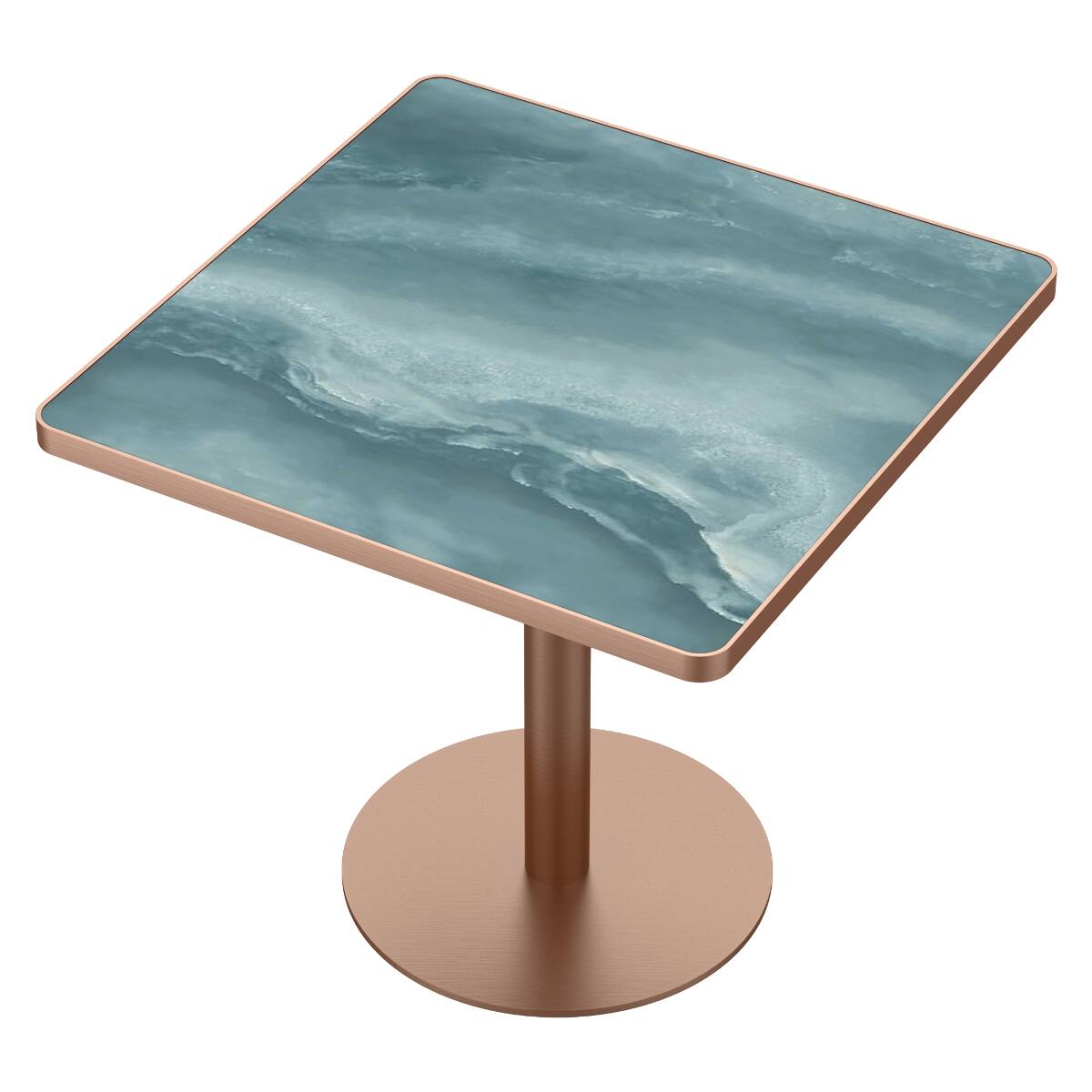 Left. Loheer - Loheer 31.5 Inch Square Dining Table, Sintered Stone Top, Rose Gold Pedestal Base - Green and Rose Gold.