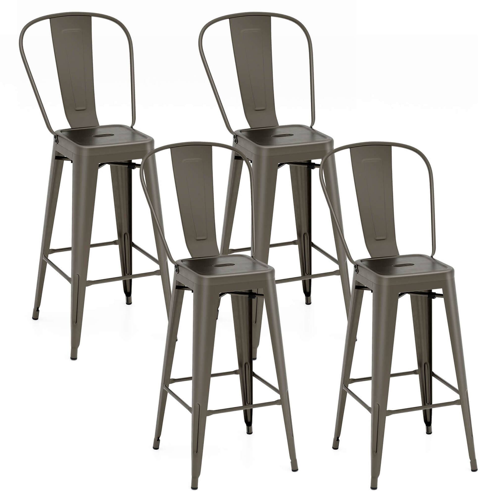 Costway - Set of 4 High Back Metal Stool 30'' Seat Bar Height Industrial Bar Stools - Gun