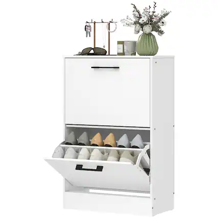 Front. Homcom - Cabinet 2 Flip Drawers Narrow Shoe Storage Unit Adjustable Dividers Entryway Hallway - White.