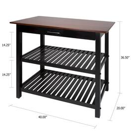 FurniFact - Black Kitchen Island Table with Storage, Drawer and Open Counter 2 Shelves - Two-Tone(Black Base, Walnut Top)