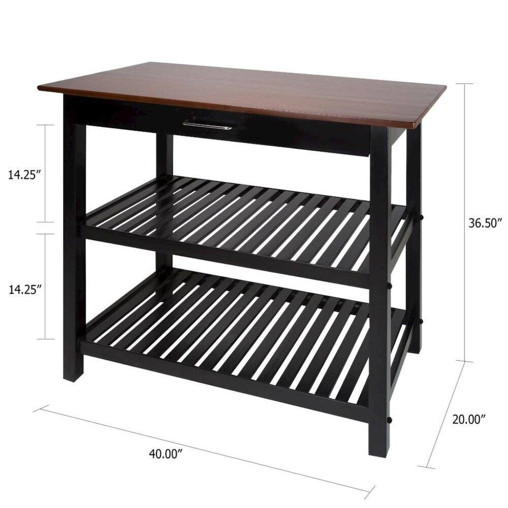 FurniFact - Black Kitchen Island Table with Storage, Drawer and Open Counter 2 Shelves - Two-Tone(Black Base, Walnut Top)