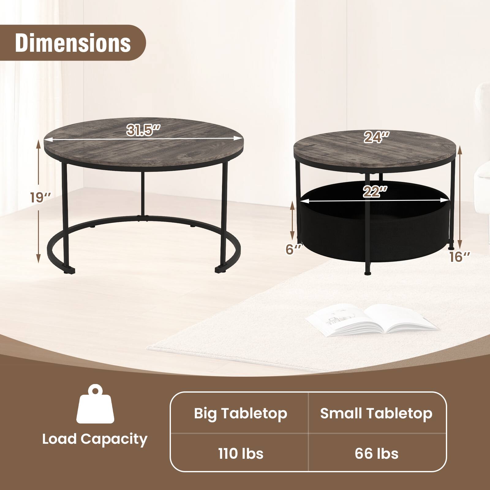 Dimensions  
- Big Tabletop: 31.5" diameter, 19" height  
- Small Tabletop: 24" diameter, 22" height, 6" depth, 16" base diameter  

Load Capacity  
- Big Tabletop: 110 lbs  
- Small Tabletop: 66 lbs