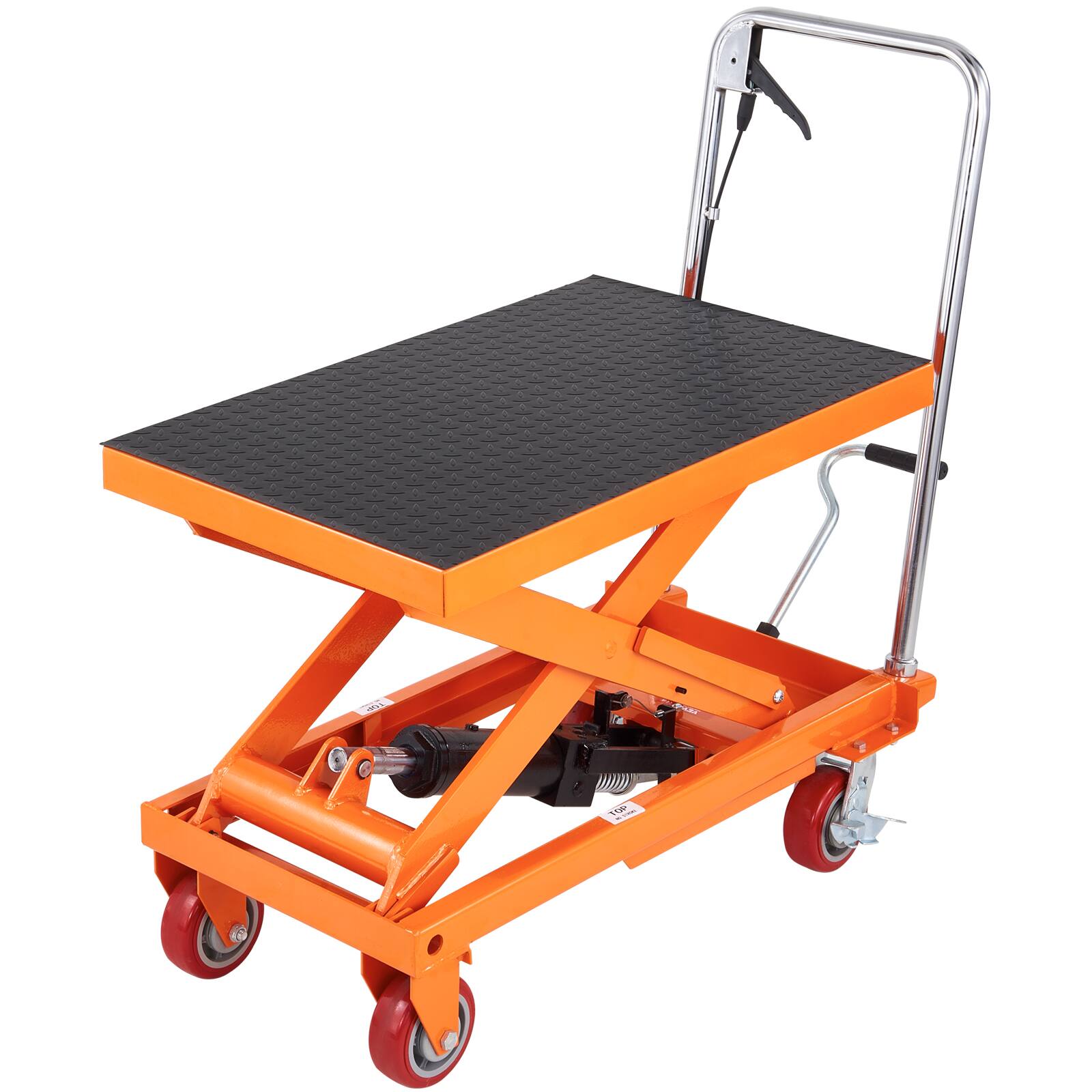 Alt View 5. VEVOR - Hydraulic Lift Table Cart, 1100lbs Capacity 35.4" Lifting Height, Manual Single Scissor Lift Table with 4 Wheels - Orange.