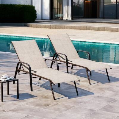 Alt View 4. Crestlive Products - Crestlive Products Set of 2 Brown Metal Frame Stationary Chaise Lounge Chair Beige Texteline Sling Seat - Beige.