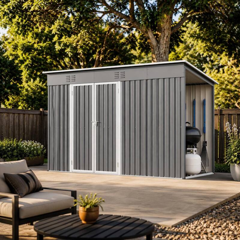 Left. RYHNUYNE - 10x4 ft Metal Shed Lockable Door Floor Frame Tall Walk-In Garden Tools Grey - Gray.
