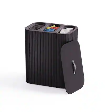 Front. Joseph Joseph - Tota Trio Luxe 90-liter Bamboo Laundry Separation Hamper - Black.