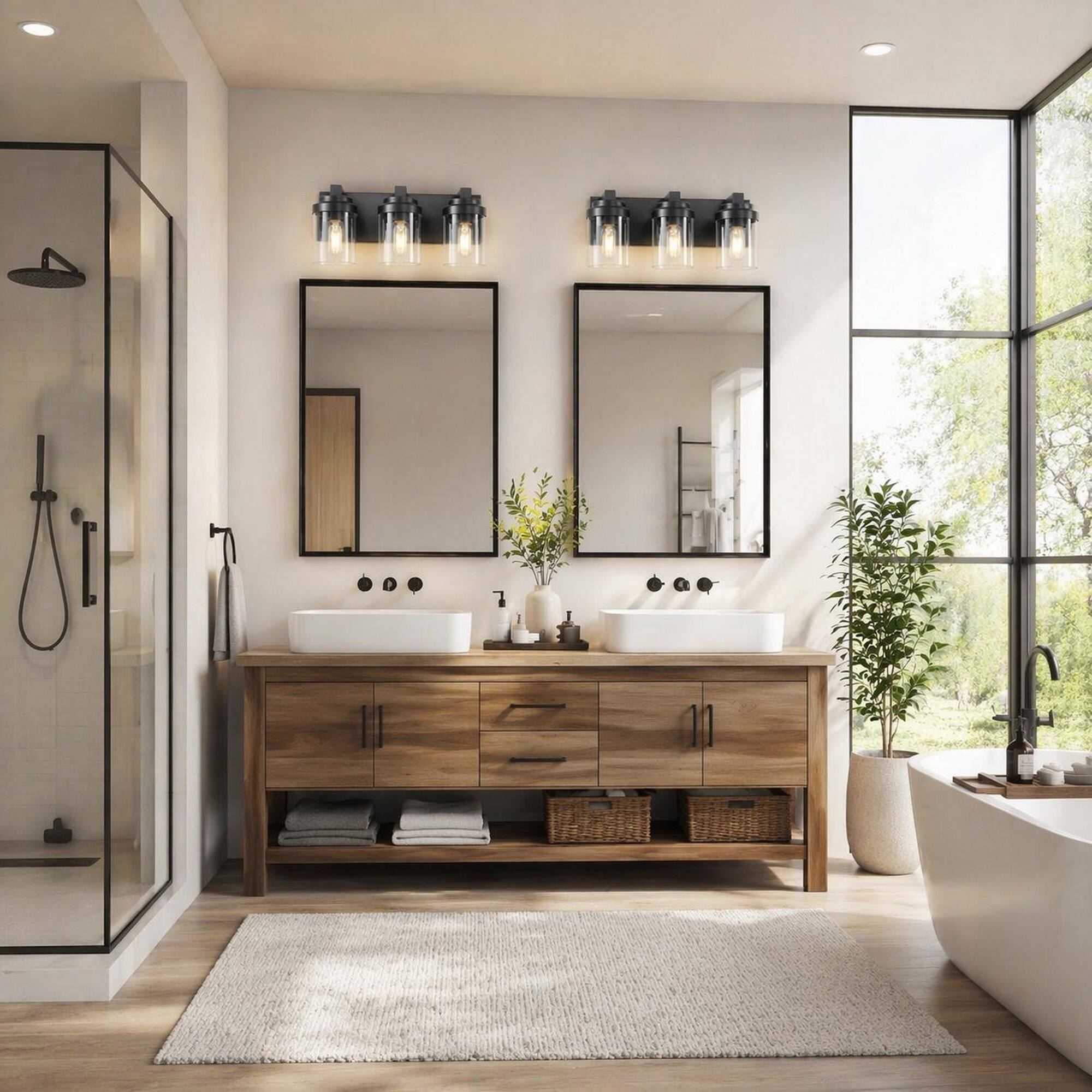 Alt View 3. RYHNUYNE - 3-Light Matte Black Bathroom Vanity Light with Clear Glass Shades, E26 Ceramic Sockets, Dimmable Wall Fixture.