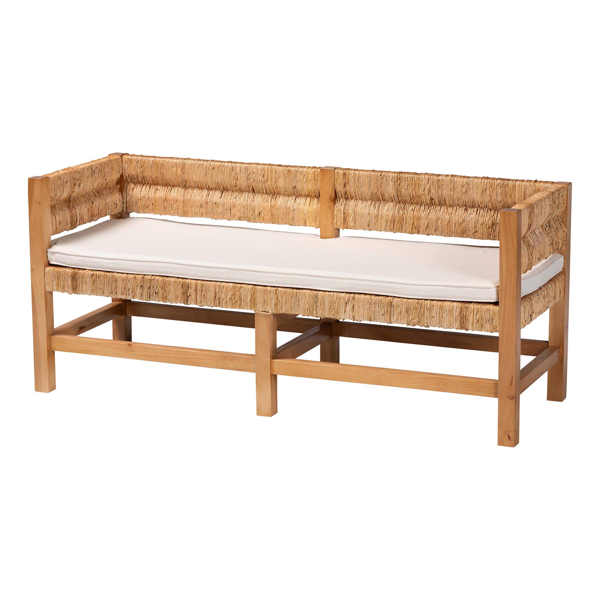 bali & pari - Ismael Accent Bench - Handwoven Seagrass Accent Seating with Mahogany Wood Frame, Raised Back Bench - Natural Brown