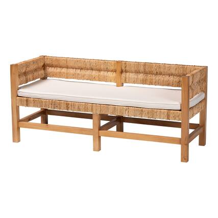 Front. bali & pari - Ismael Accent Bench - Handwoven Seagrass Accent Seating with Mahogany Wood Frame, Raised Back Bench - Natural Brown.