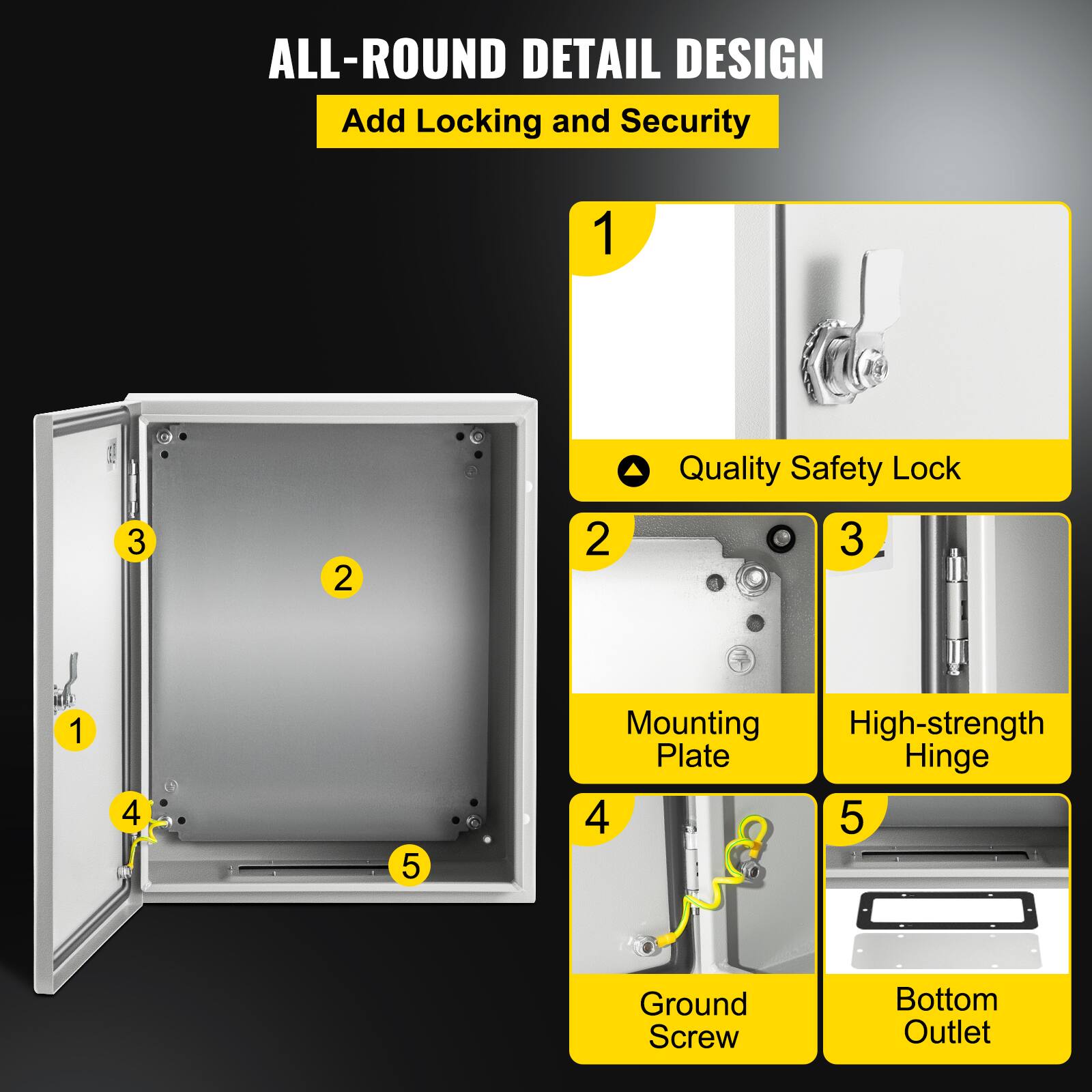 ALL-ROUND DETAIL DESIGN  
Add Locking and Security  

1. Quality Safety Lock  
2. Mounting High-strength Plate  
3. High-strength Hinge  
4. Ground Screw  
5. Bottom Outlet