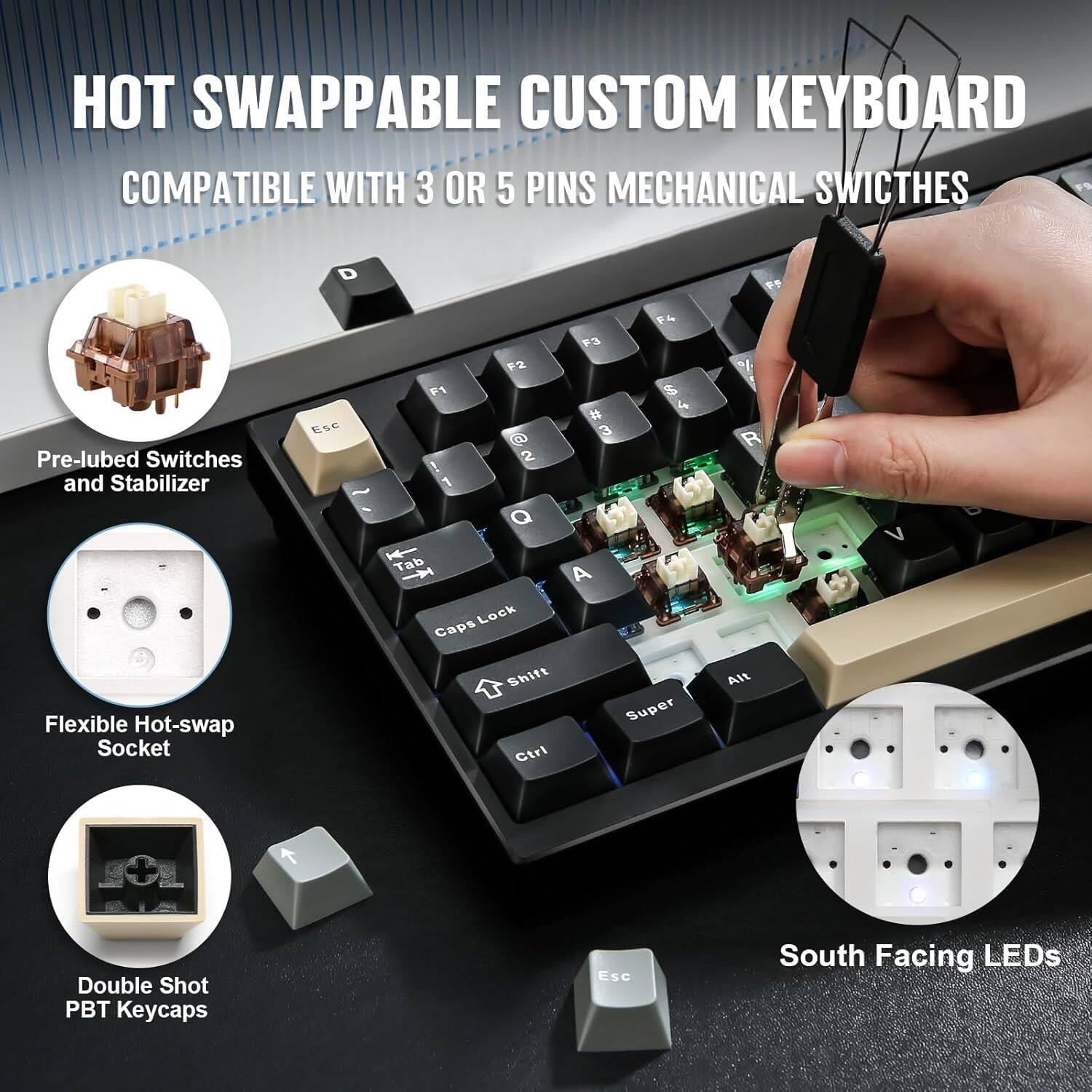 HOT SWAPPABLE CUSTOM KEYBOARD COMPATIBLE WITH 3 OR 5 PINS MECHANICAL SWITCHES

- Pre-lubed Switches and Stabilizers
- Flexible Hot-swap Socket Tab A Lock
- Double Shot PBT Keycaps
- South Facing LEDs

Key Features:
- Esc
- F1 A 1
- F2 GU 2
- Q F3 i 3
- F B 4
- R
- Shift
- Ctrl
- Super
- Alt