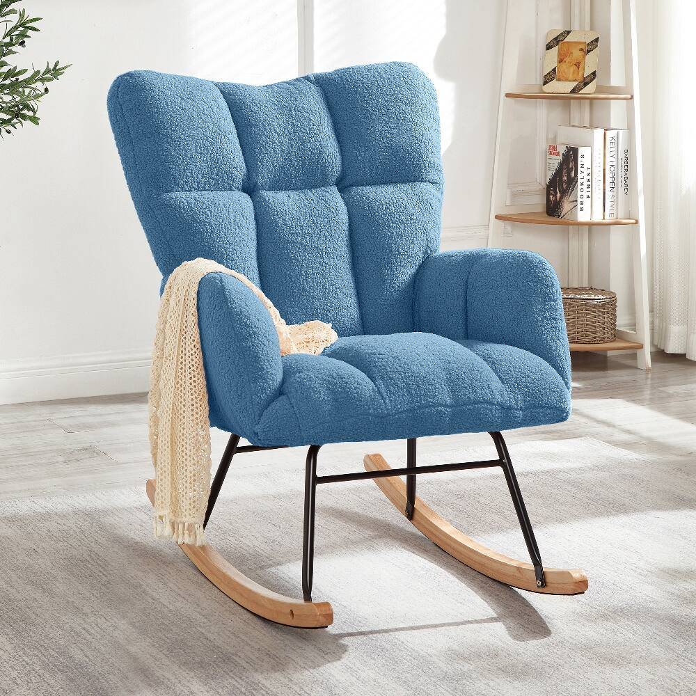 Loheer - Tufted Upholstered Teddy Fabric Rocking Chair Metal Frame Glider Chair for Living Room - Blue