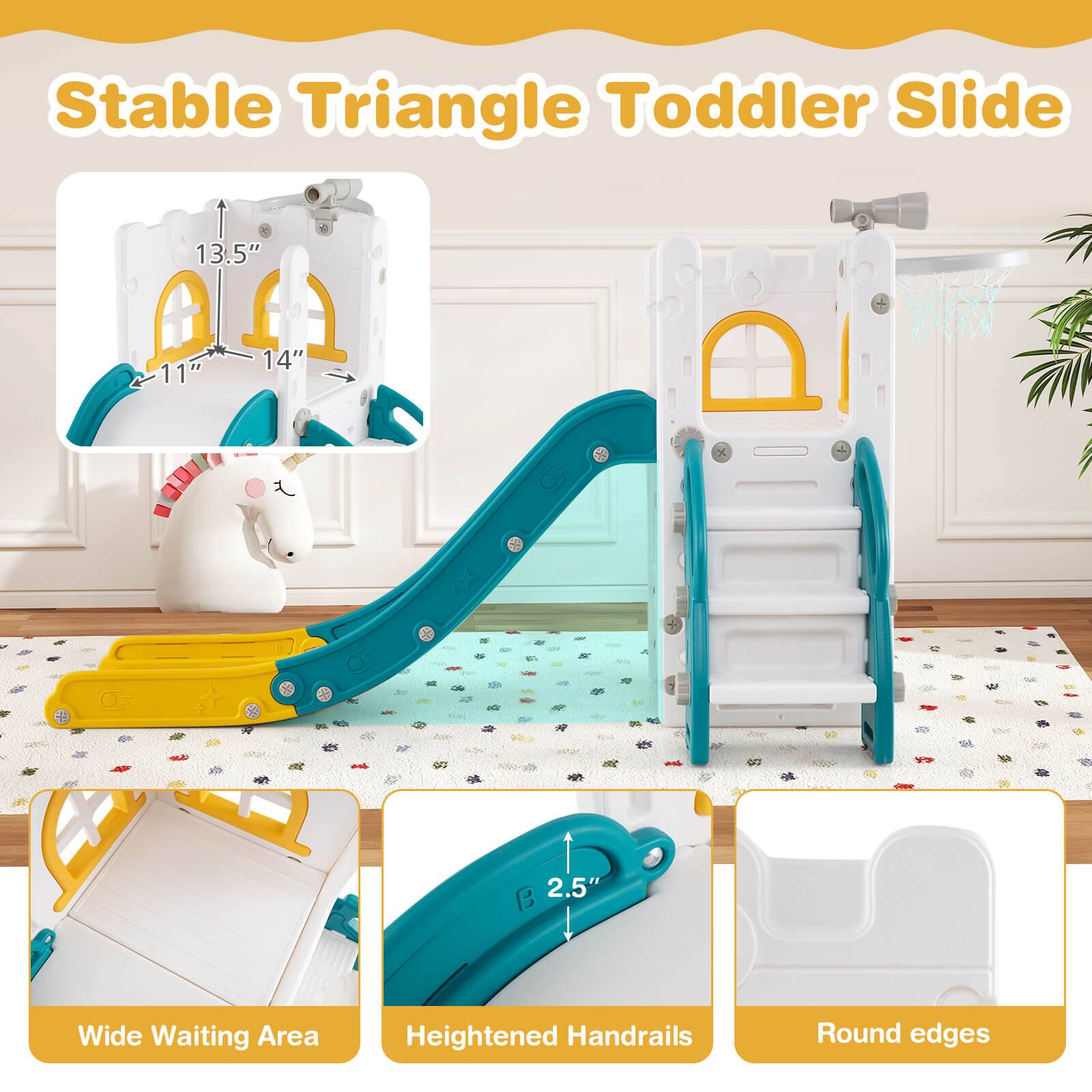 Stable Triangle Toddler Slide

- 13.5" Height
- 14" Width
- 11" Base
- 2.5" Wide Waiting Area
- Heightened Handrails
- Round edges