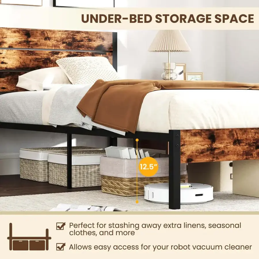 Under-bed storage space is perfect for stashing away extra linens, seasonal clothes, and more. It allows easy access for your robot vacuum cleaner.