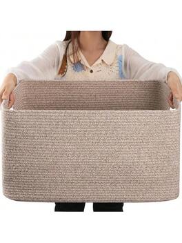 Live At Space - 75L Large Woven Cotton Rope Storage Basket with Handle Organizing Blanket and Toys Living Room, Nursery, Brown - Brown Spotted + 22\