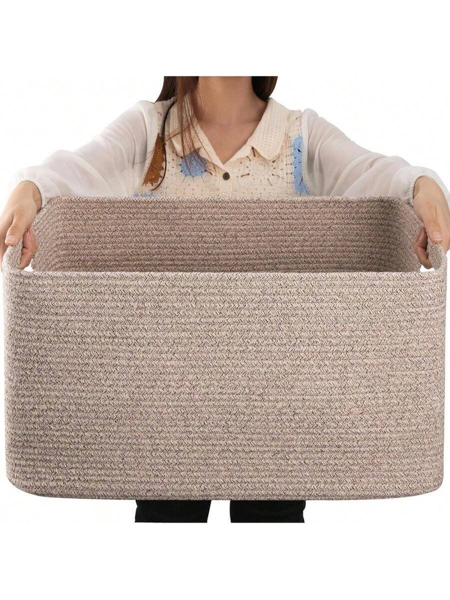 Front. Live At Space - 75L Large Woven Cotton Rope Storage Basket with Handle Organizing Blanket and Toys Living Room, Nursery, Brown - Brown Spotted + 22\.