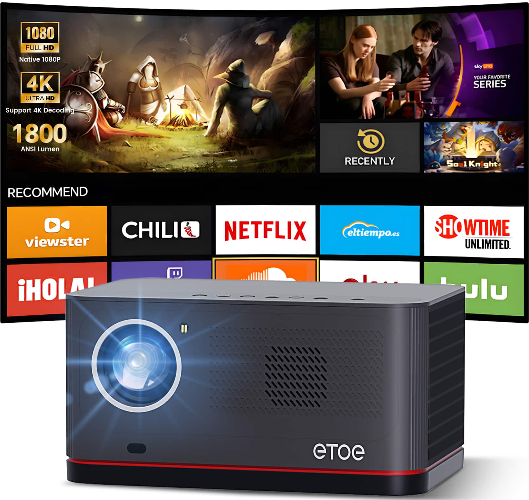 ETOE - Whale Pro 1080p FHD Projector, 1500 ANSI, Android TV 11.0 & Netflix Certified, 20W DoIby Audio, Keystone & Auto Focus - Black