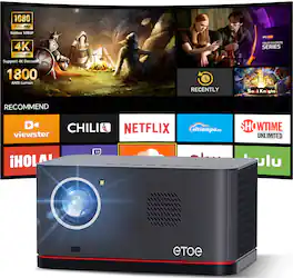 ETOE - Whale Pro 1080p FHD Projector, 1500 ANSI, Android TV 11.0 & Netflix Certified, 20W DoIby Audio, Keystone & Auto Focus - Black