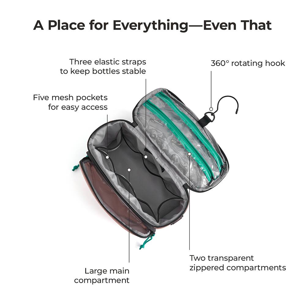A Place for Everything—Even That

Three elastic straps to keep bottles stable

360° rotating hook

Five mesh pockets for easy access

Large main compartment

Two transparent zippered compartments