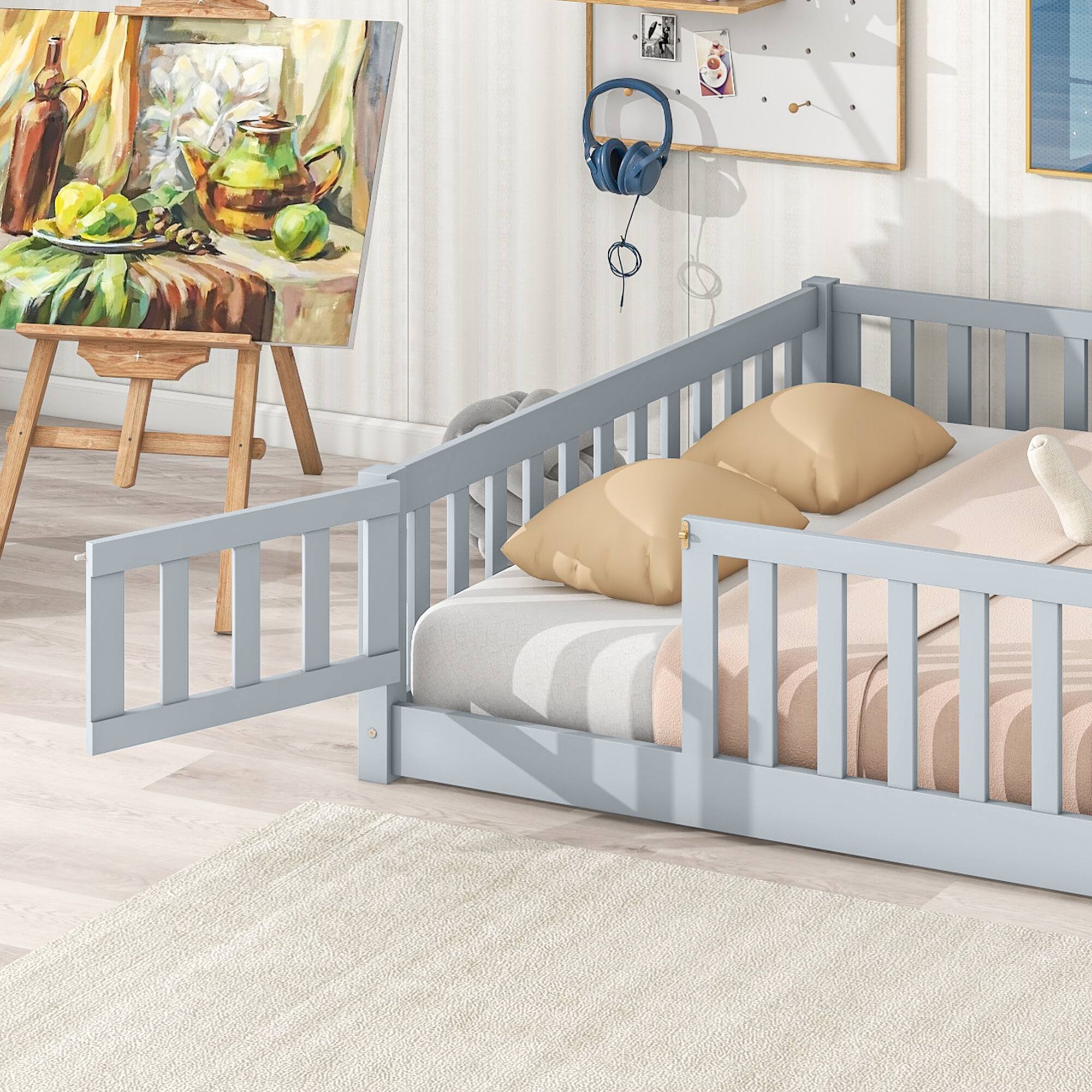 Alt View 1. GOODSILO - Full Size Low Profile Children's Floor Bed with Safety Guardrails and Entry Door, Solid Wood Construction - Grey.