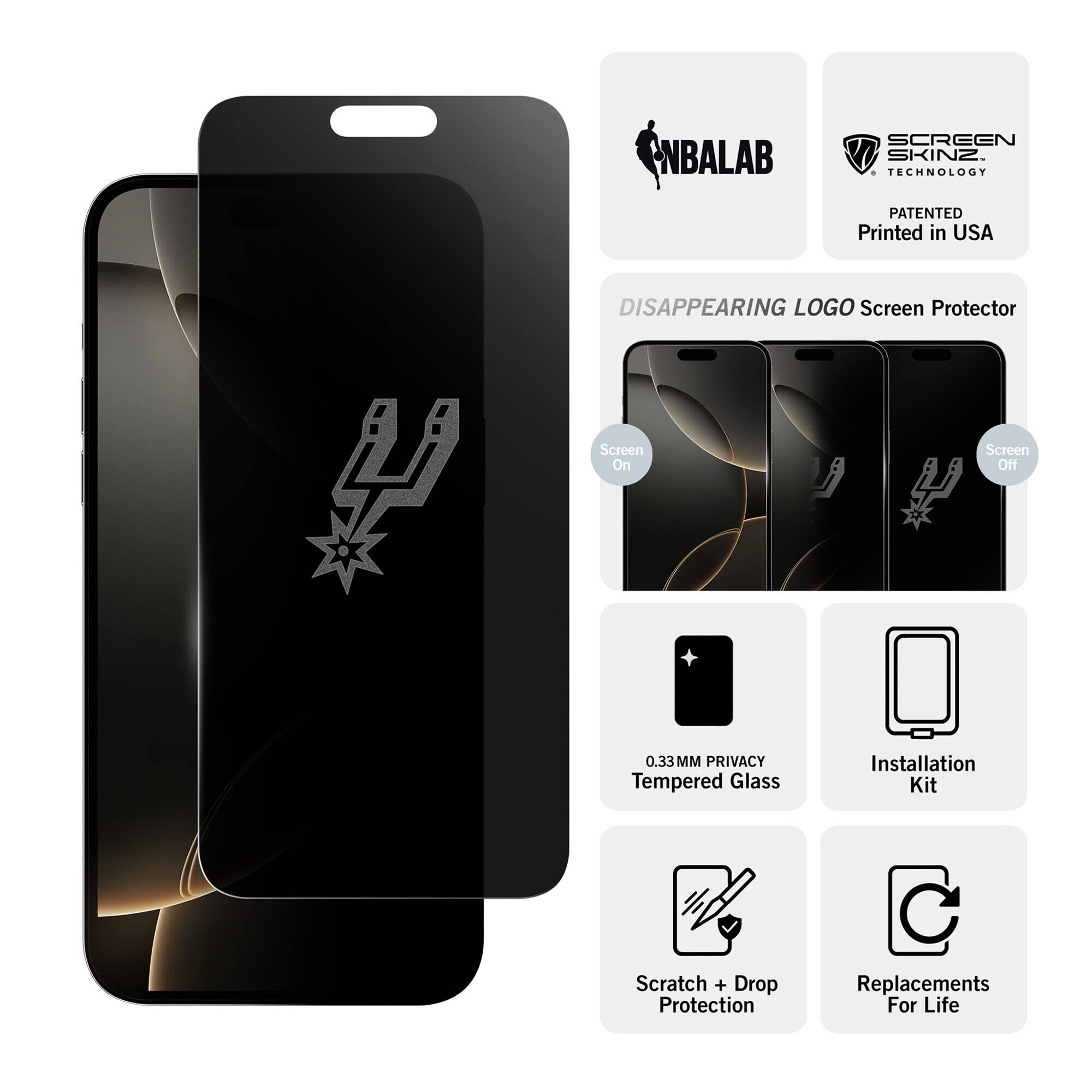 NBALAB  
SCREEN SKINZ TECHNOLOGY  
PATENTED Printed in USA  
DISAPPEARING LOGO Screen Protector  
Screen On  
Screen Off  
0.33MM PRIVACY Tempered Glass  
Installation Kit  
Scratch + Drop Protection  
Replacements For Life
