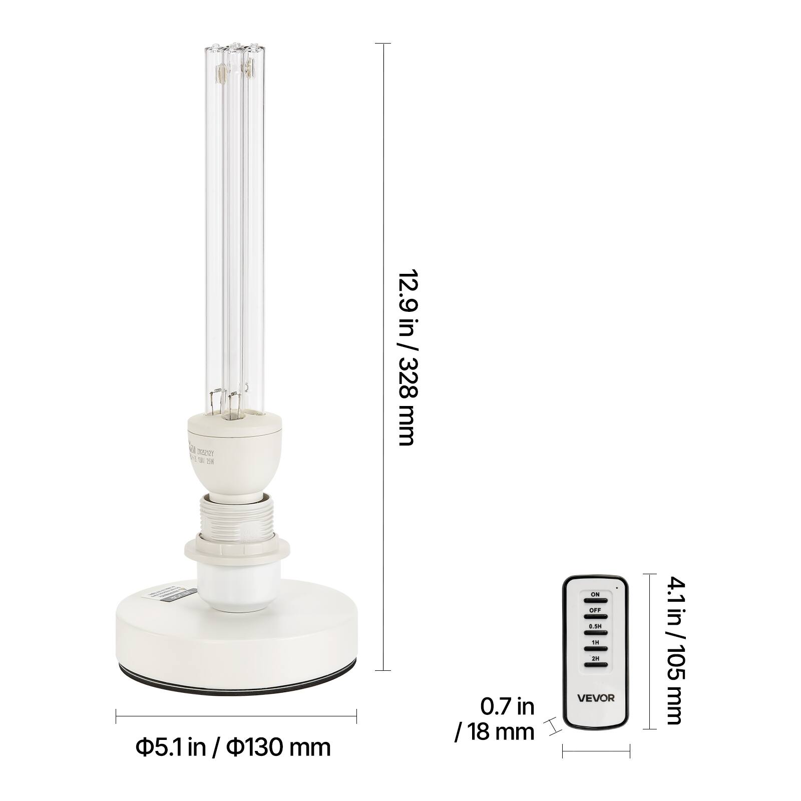 Here is the corrected and grouped text:

- Height: 12.9 in / 328 mm
- Diameter: 5.1 in / 130 mm
- Width: 0.7 in / 18 mm
- Control panel dimensions: 4.1 in / 105 mm
- Base diameter: 5.1 in / 130 mm
- Control panel width: 1.8 in / 47 mm
- Control panel height: 4.1 in / 105 mm