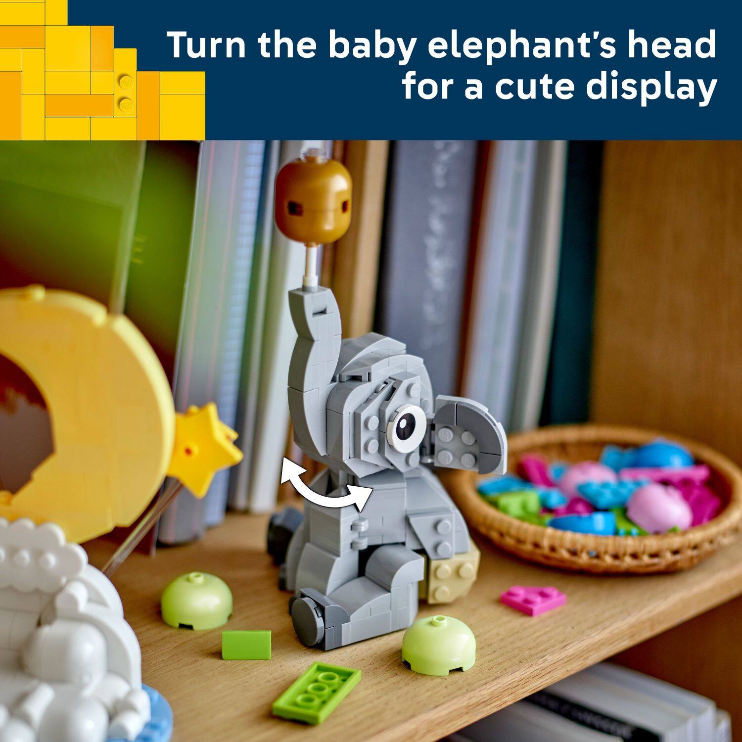Turn the baby elephant's head for a cute display