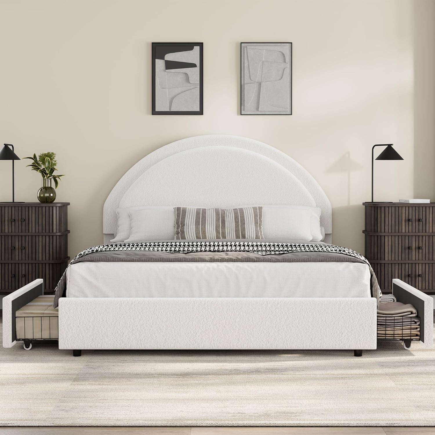 Alt View 2. Homhougo - Queen Boucle Bed Frame with Storage Drawers, White Upholstered Platform Bed with Round Headboard, Sturdy - White.