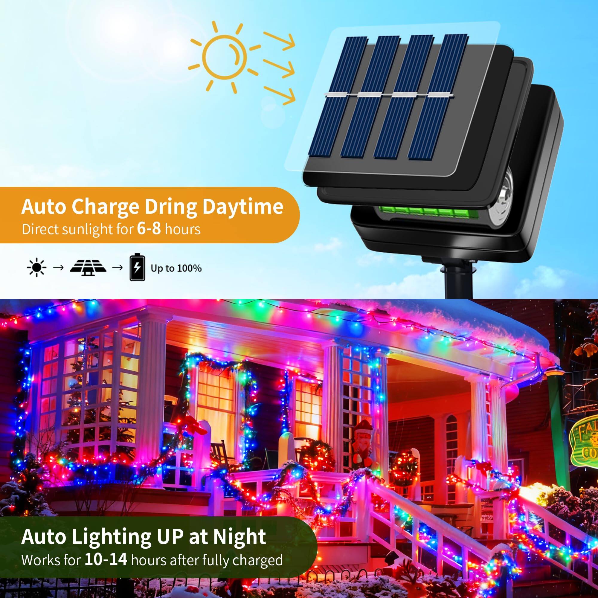 Auto Charge During Daytime  
Direct sunlight for 6-8 hours  
Up to 100%  

Auto Lighting UP at Night  
Works for 10-14 hours after fully charged