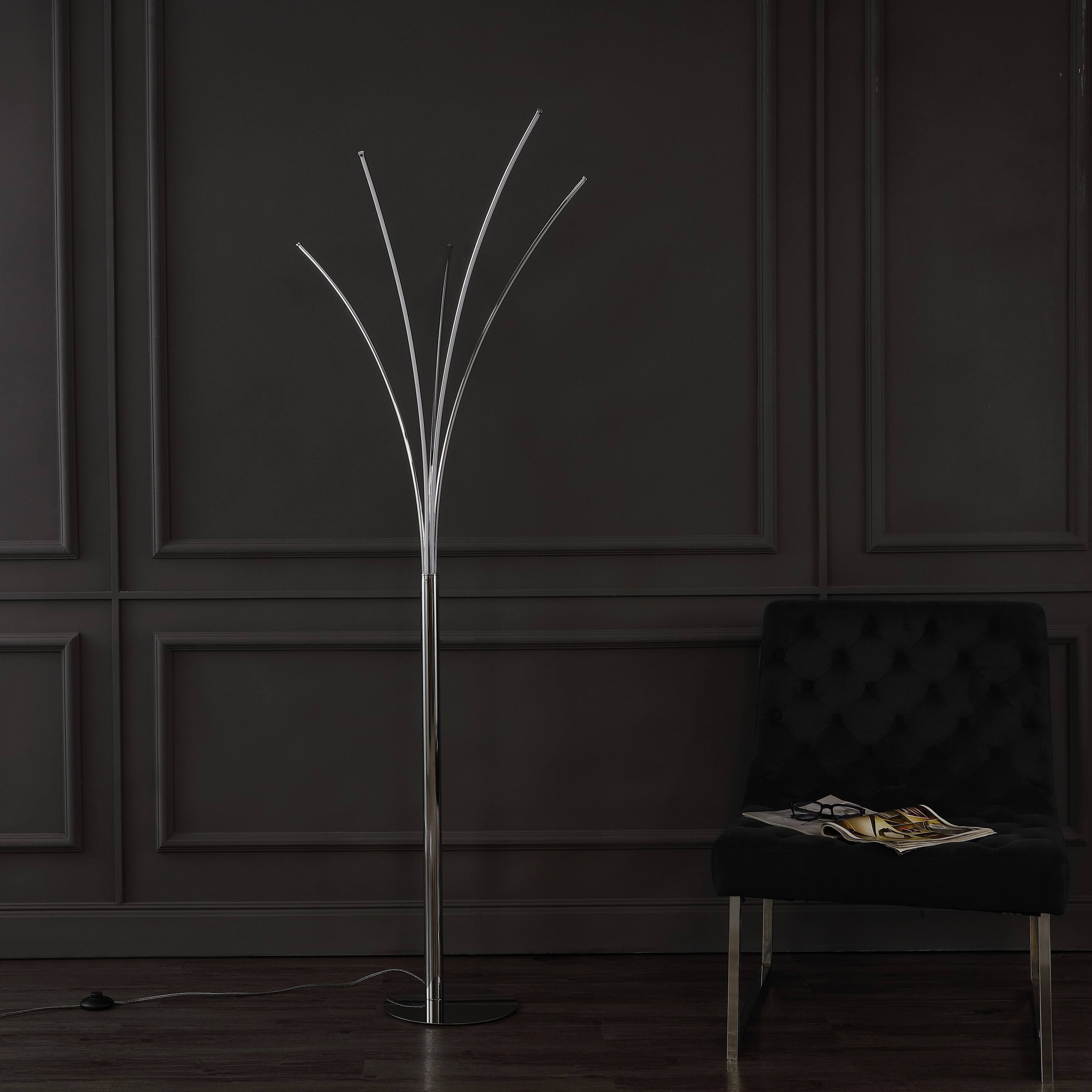 Alt View 4. Jonathan Y - Fuochi 71" Modern Minimalist Metal 5-Branch Arc Dimmable Integrated LED Floor Lamp with Remote Control, Chrome - Chrome.