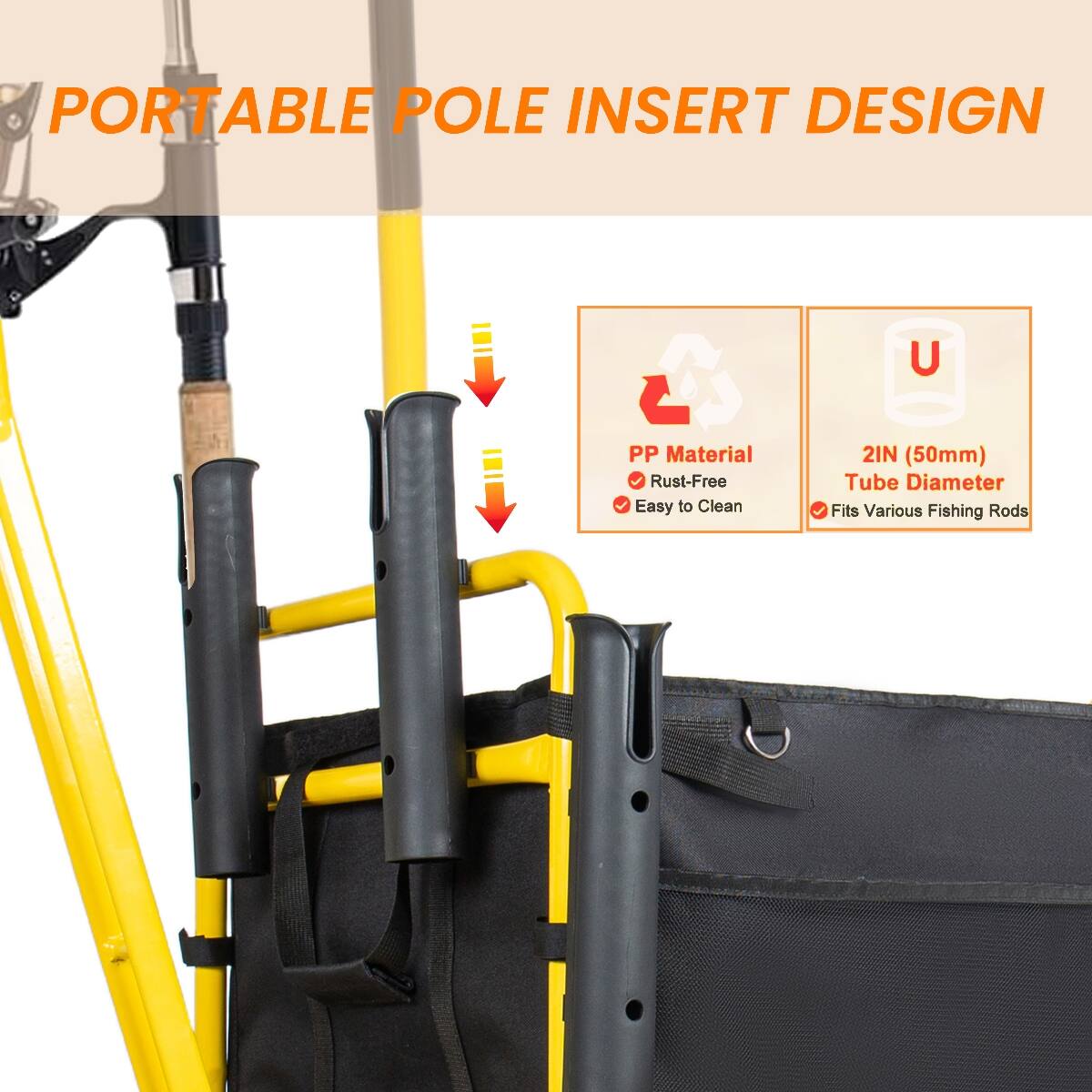 PORTABLE POLE INSERT DESIGN

- PP Material
  - Rust-Free
  - Easy to Clean

- 2IN (50mm) Tube Diameter
  - Fits Various Fishing Rods