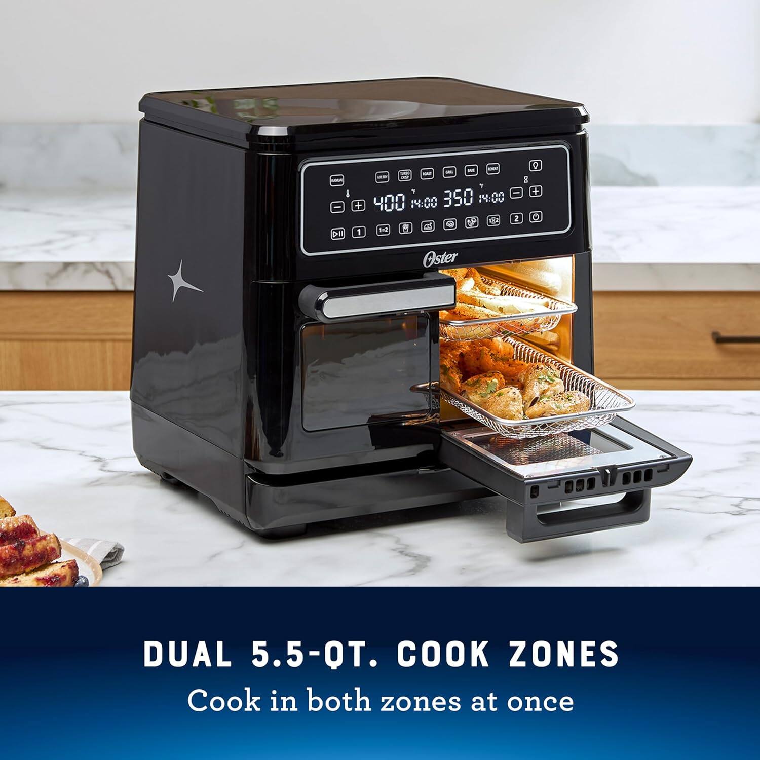 DE - 7 + 400 14:00 nn 350 14:00 A D B 1 In Oster 2 0 g + DUAL 5.5-QT. COOK ZONES Cook in both zones at once