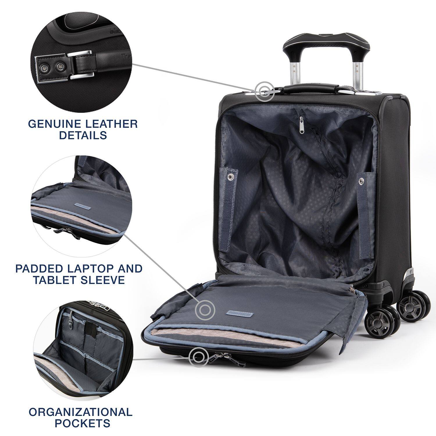 GENUINE LEATHER DETAILS  
PADDED LAPTOP AND TABLET SLEEVE  
ORGANIZATIONAL POCKETS