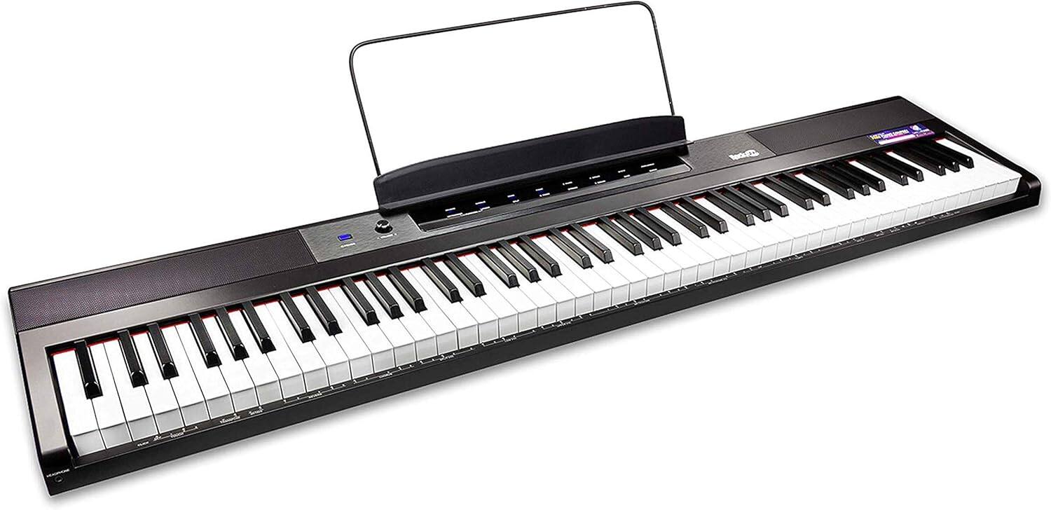 Angle. Rockjam - 88-Key Digital Piano w/ Sustain Pedal, Power Supply, Music Stand, Note Stickers & Lessons (DP88-V) - Black.