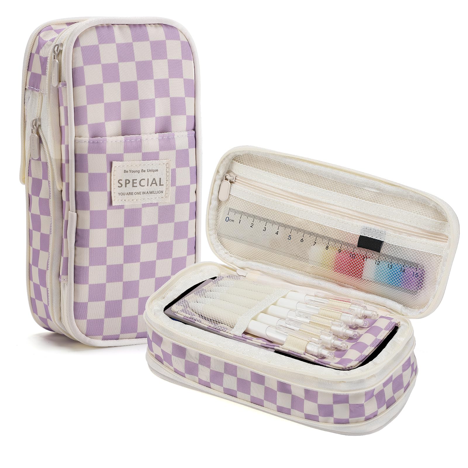 Dapper Styles - Capacity Pencil Case For Teens - Cute Checkerboard Pouch With Zipper Stationery Bag Box Student To School Gifts - Pink