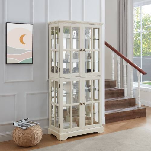 Left. LUCKY ONE - Freestanding Curio Display Cabinet with Glass Doors Adjustable Shelves E26 Bulb Included for Collectibles - White.