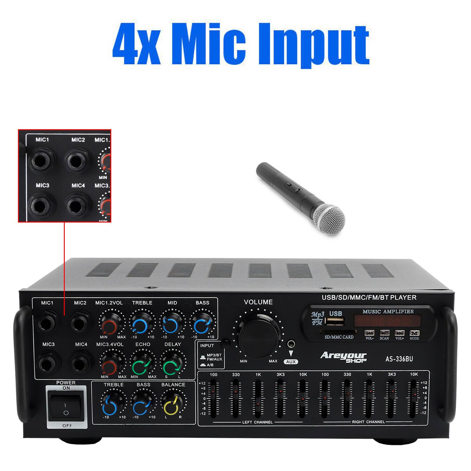 4x Mic Input

MIC1 MIC2 MIC1. MIN MIC3 MIC4 MIC3 MIC1 MIC2 MIC1.2VOL TREBLE MID BASS VOLUME USB/SD/MMC/FM/BT PLAYER USB MUSIC AMPLIFIER p3 M MICS MIN MAX -18 01 MIC4 MIC3.4VOL ECHO 1 11 DELAY -5. 18 INPUT MP3/BT TMAUIX A/B MIN MAX AUX NE SEVMMC CARD VA KAN

Are your AS-336BU SHOP POWER ON MIN MAX MEIN MAX & I TREBLE BASS BALANCE 100 230 EK 3 10K 100 330 1K 3K3 1DK 12 FF 50 50 -10 +10 1 R -12 LEFT ORANNEL RIGHT CRANNEL