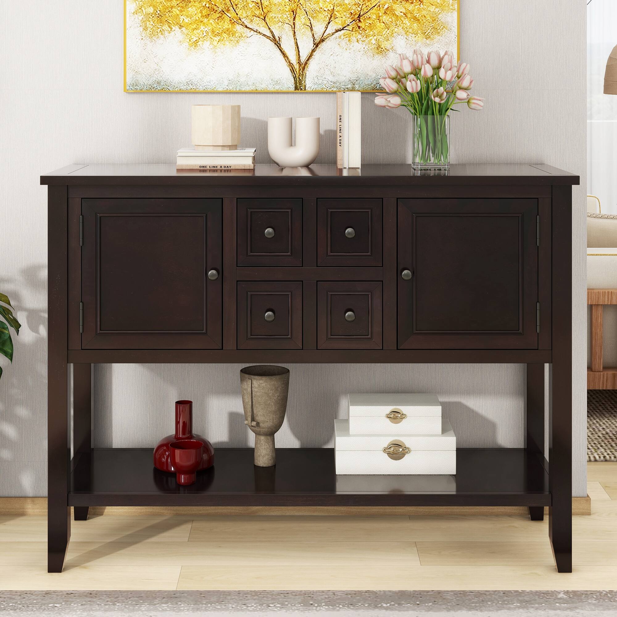 Left. Whisen - Console Table with 4 Drawers, Storage Cabinets and Bottom Shelf for Entryway-Espresso - Espresso.