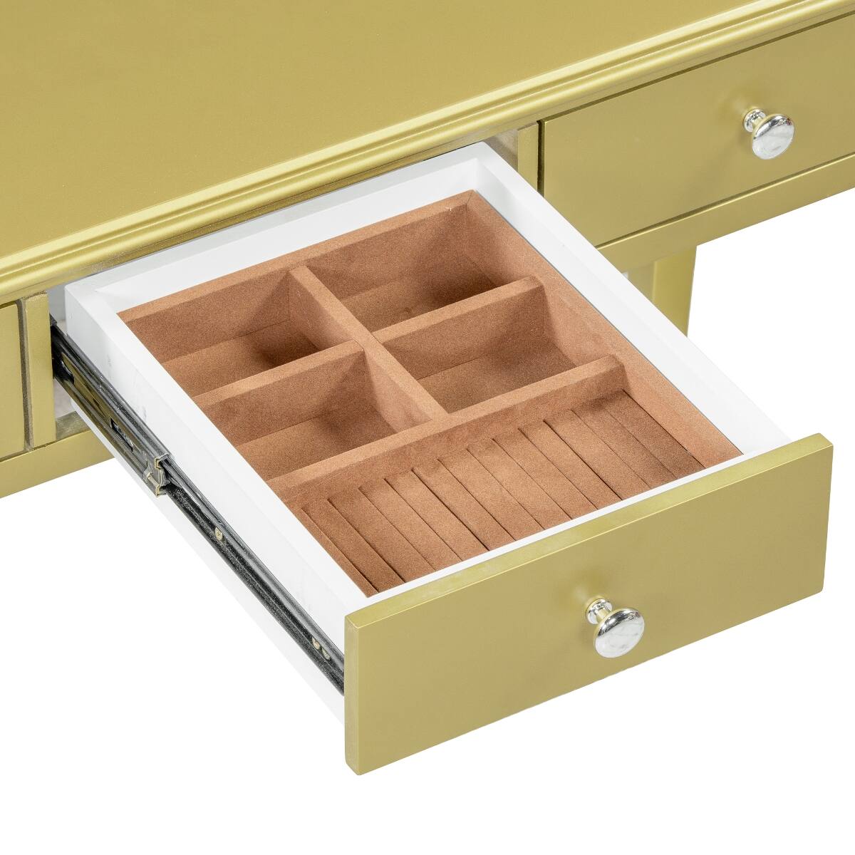 Alt View 7. Loheer - Loheer Gold Makeup Vanity Desk with Oval Mirror and Three Drawers - Gold.